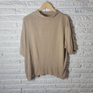 Elisabeth Women Sweater 3X Plus Short Sleeve Ribbed Beige Mock Turtleneck A16E